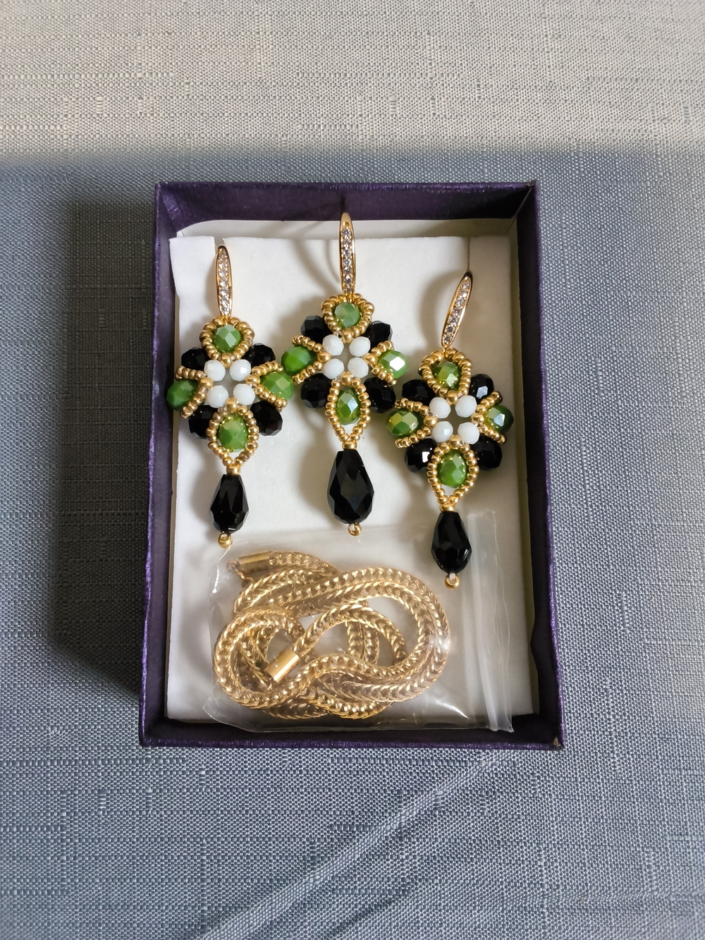 Gold-Tone Green & Black Beaded Drop Earrings Set
